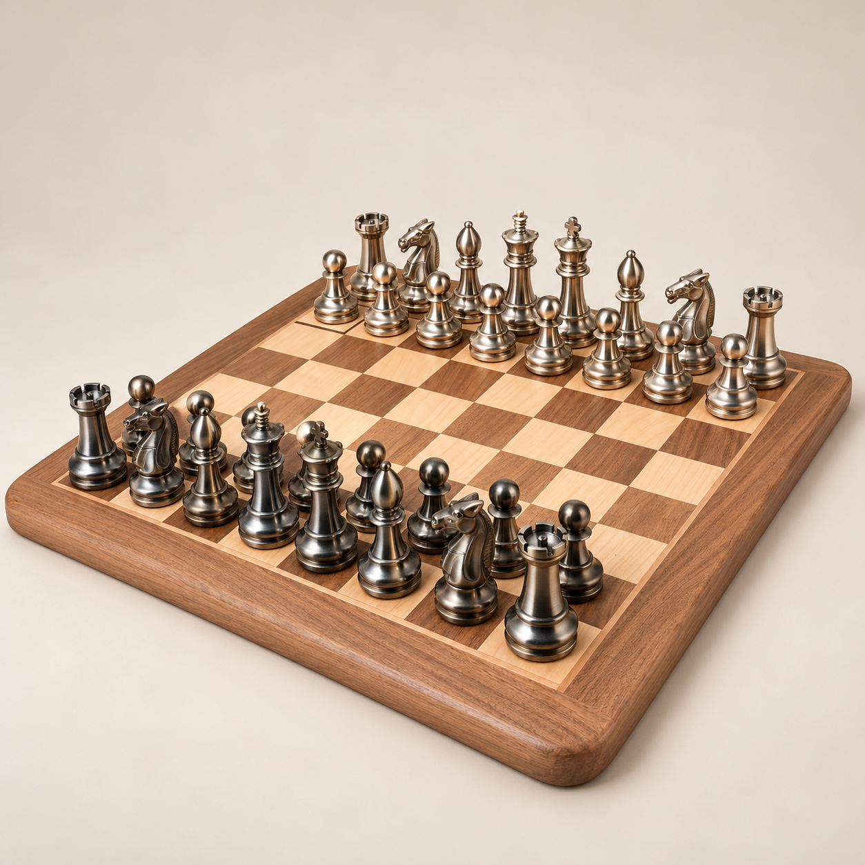 Luxury Metallic Chess Set with Wooden Chessboard